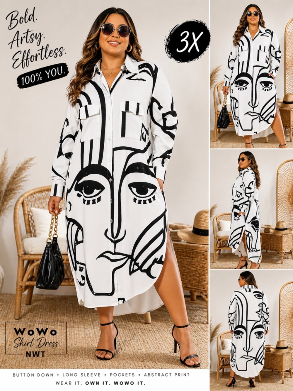 WoWo Abstract Face Shirt Dress NWT 3X Black White Button Down Long Sleeve - A9